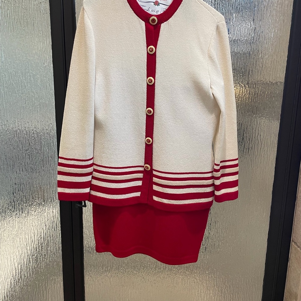 St. John Red and Cream Cardigan Sweater